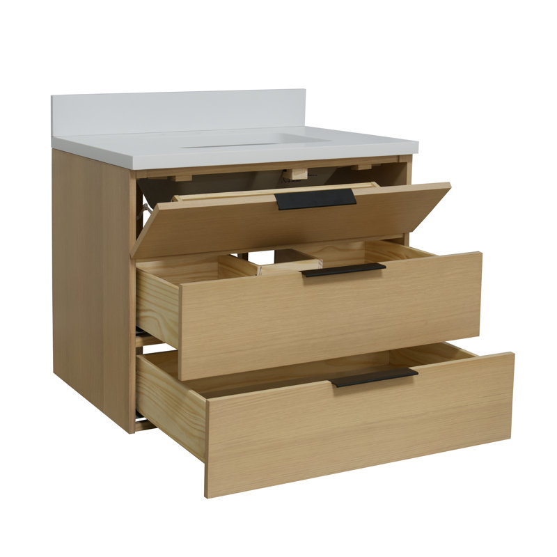 Ensemble de meuble-lavabo mural simple 30 po Mitchell, Bois blond, Pierre d'ingénierie blanc mat