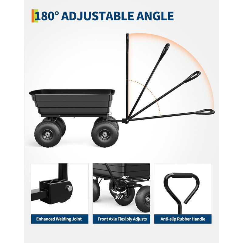 Chariot de jardinage robuste avec capacité de 600 lb, chariot utilitaire tout-terrain avec poignée réglable et benne à dégagement rapide en poly pour la cour, le sol, les plantes et les outils