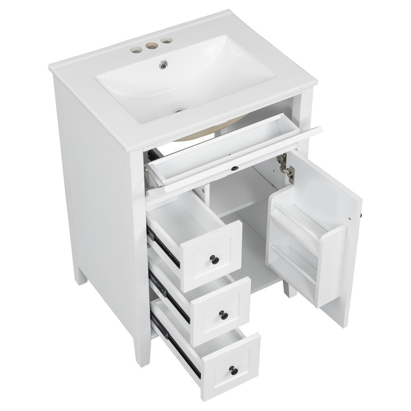 Meuble-lavabo 24 po avec lavabo, 3 tiroirs et armoire avec tablettes réglables 24 po, Blanc