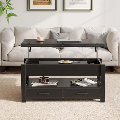 Table basse à plateau relevable avec rangement, table basse multifonctionnelle convertible en table de salle à manger ou bureau, avec conception à fente relevable, compartiments et tiroirs cachés pour le salon ou le bureau personnel