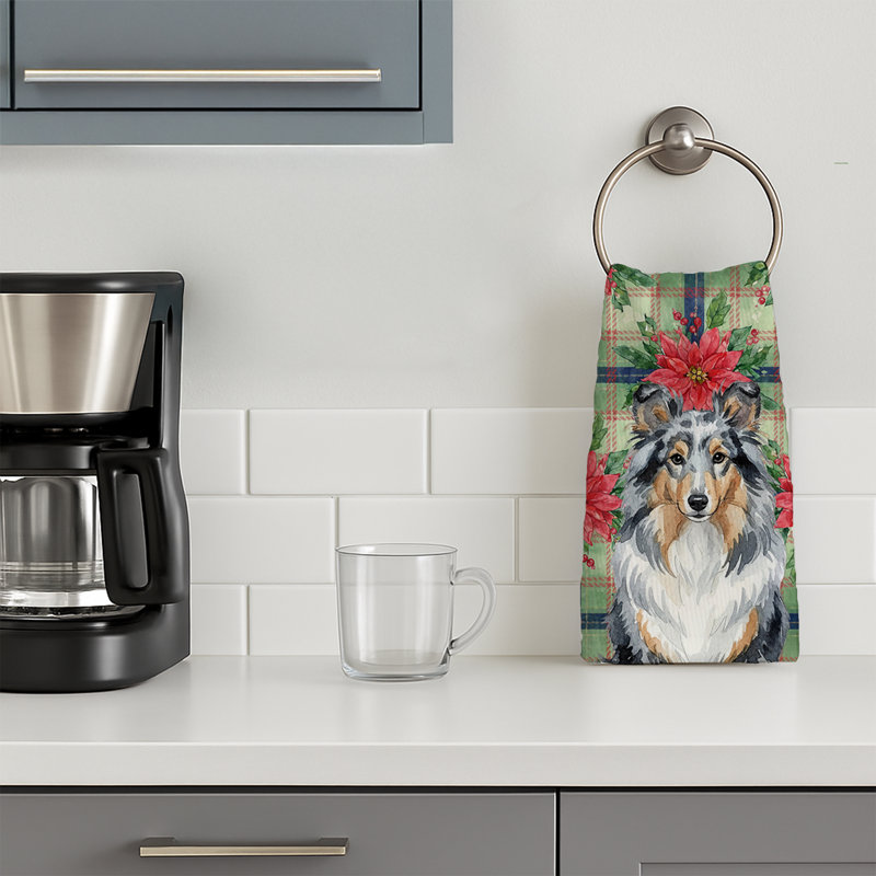Blue Merle Sheltie Christmas PoinsettIas Kitchen Towel, Blue Merle Sheltie