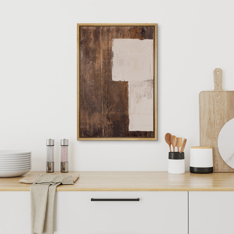 Style Mid-Century, brun foncé, formes abstraites neutres, grand cadre rustique, décor minimaliste M23, H 24 po x l 16 po