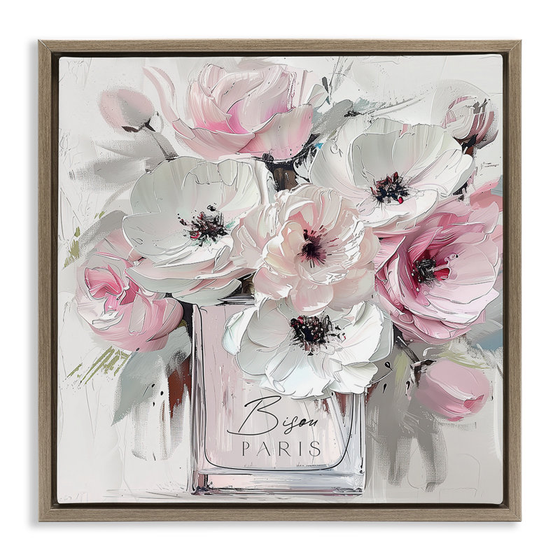 «Blush Pink Bisou Bouquet Floater», art mural par Annabelle Hall, H 25 po x l 25 po, Cadre flottant orme Montalcino