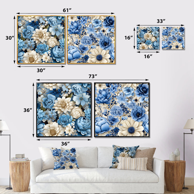 Elmsford - ensemble de 2 impressions murales florales, Encadrement doré, H 36 po x l 73 po x P 1,5 po