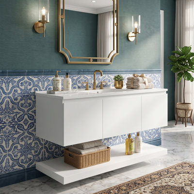 Meuble-lavabo suspendu de 48 po avec lavabo composite intégré, 3 tiroirs sans poignées et tablette ouverte, armoire en MDF (blanc)
