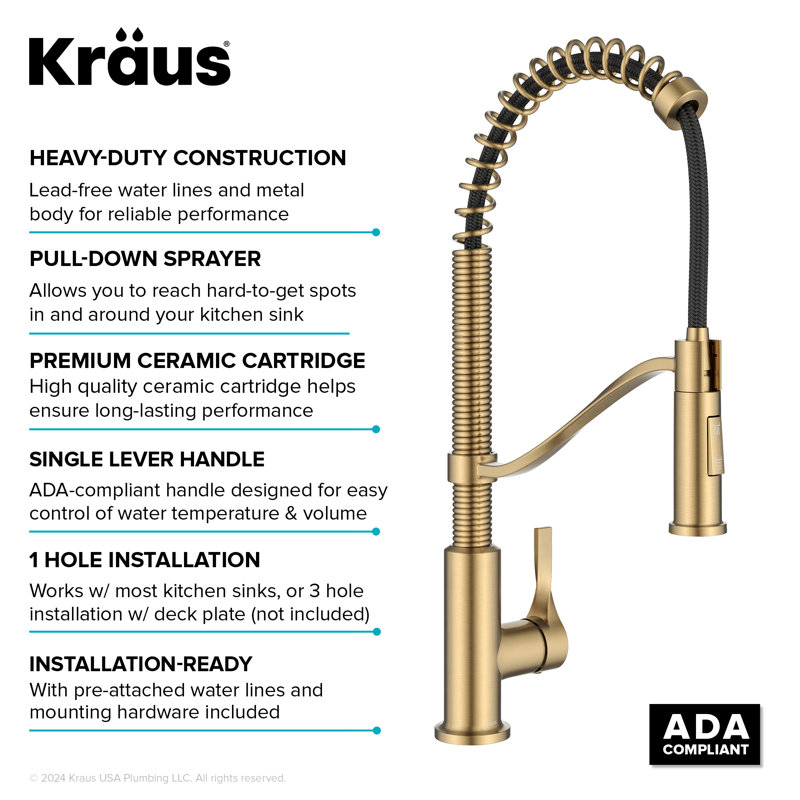 Kraus Torak Commercial Style 2-Function Single Handle Pull Down Kitchen Faucet, Brushed Brass