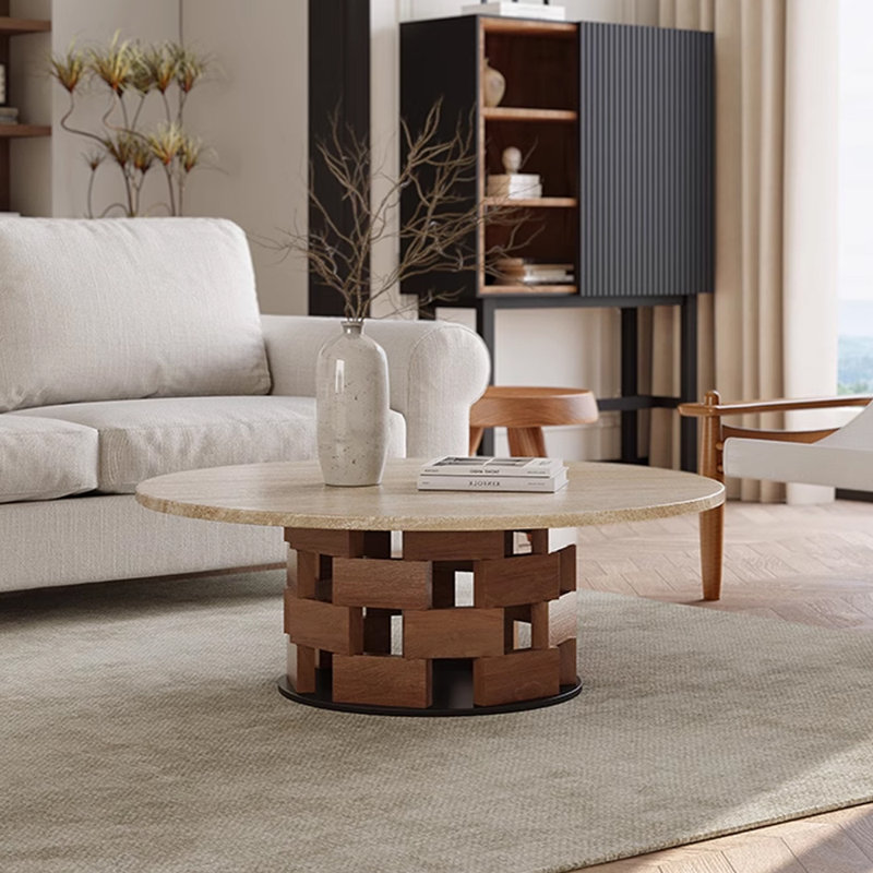 Table basse en travertin de style Wabi-sabi, H 13,77 po x L 35,43 po x l 35,43 po, Brun noisette