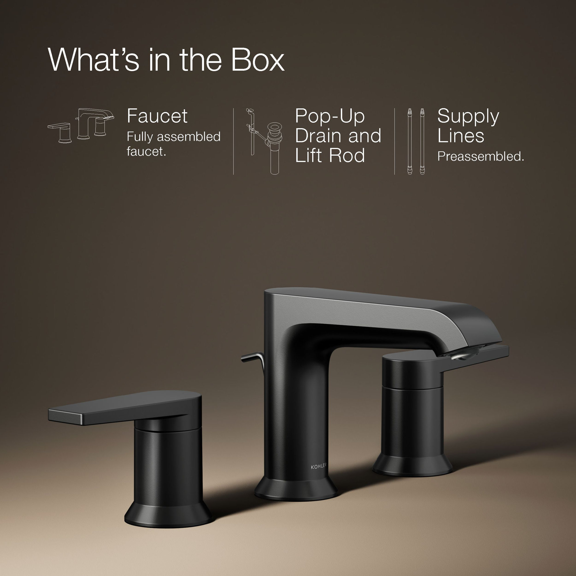 Kohler Hint Widespread Bathroom Faucet with Pop-Up Drain Assembly, 3 Hole 2-Handle Bathroom Sink Faucet, 1.2 gpm, Matte Black
