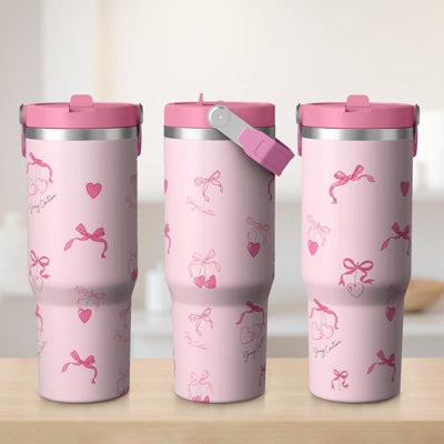 Gobelet 30 oz avec couvercle et poignée Gobelets isothermes en acier inoxydable Bouteille d'eau mignonne avec bascule (cerise)