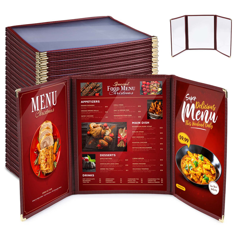 Paquet de 30 couvertures de menu WeChef 8,5 po x 11 po 3 plis 3 pages 6 vues