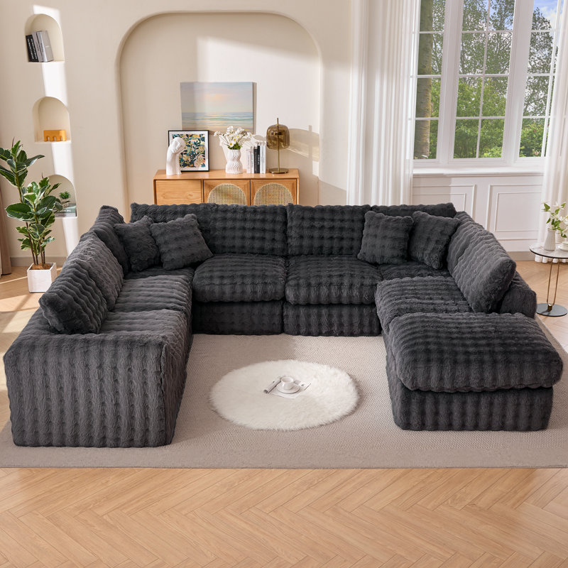 Canapé modulaire 8 pièces à compression, Fausse fourrure grise
