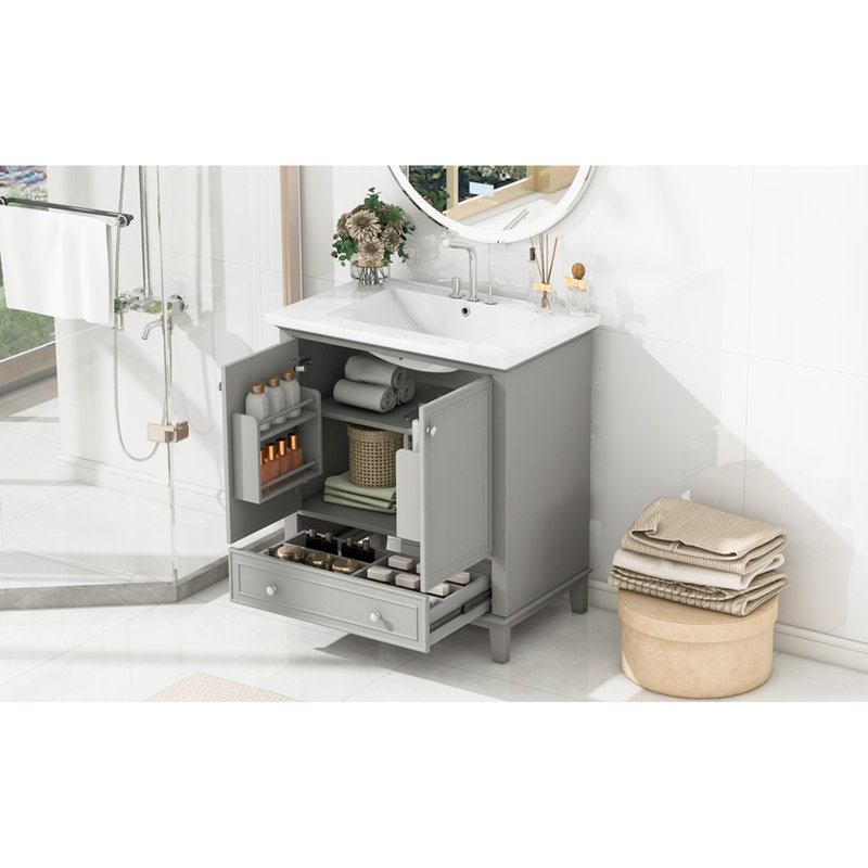 Armoire de salle de bain 30 po avec lavabo gris - Tiroir de meuble-lavabo multifonctionnel réglable, Grey