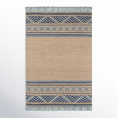 Alberta Beige Blue Hand-Woven Geometric Jute Rug