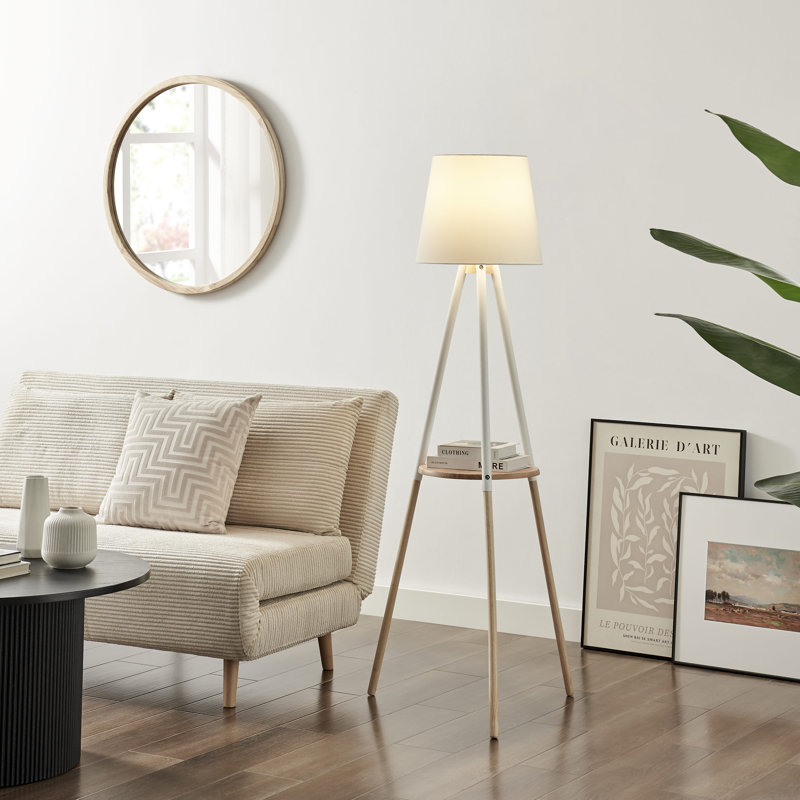 Kellsey White & Wooden Tripod-Style Standing Floor Lamp with Storage Shelf - Elegant Simple Design