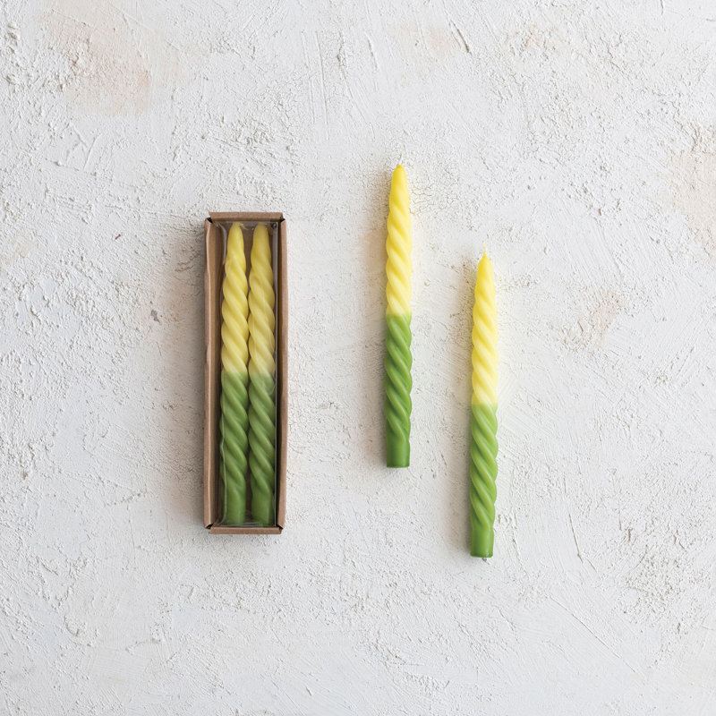 2-Piece Unscented Twisted Taper Candles, Yellow Ombre And Green Color, Set Of 2, Yellow/Green