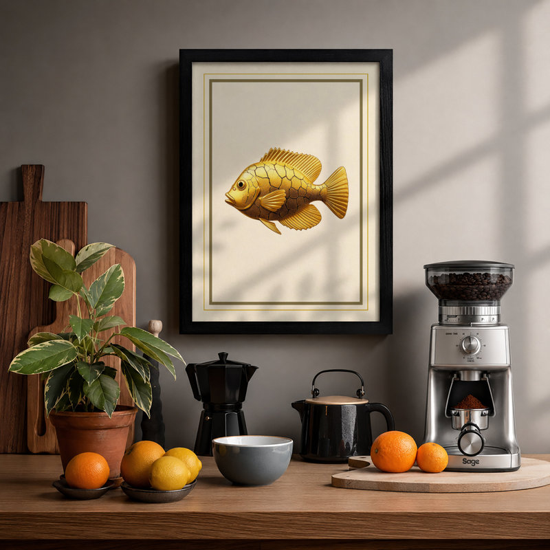 Golden Fish Study Botanical - Framed Print, Black, A3 - 42.0 x 29.7 cm