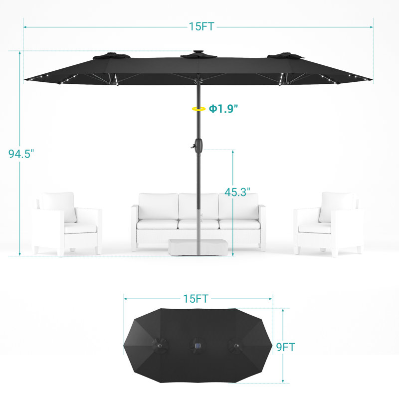 Parasol de marché rectangulaire 180 po x 108 po Ruhena, Noir