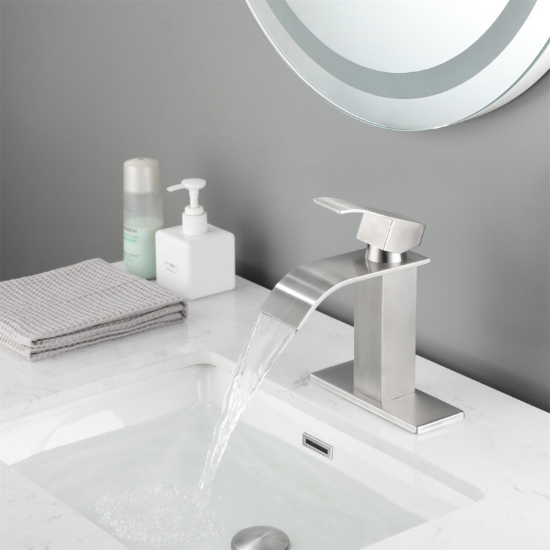 Robinet de lavabo de salle de bain à poignée simple avec bonde escamotable Waterfall, Nickel brossé