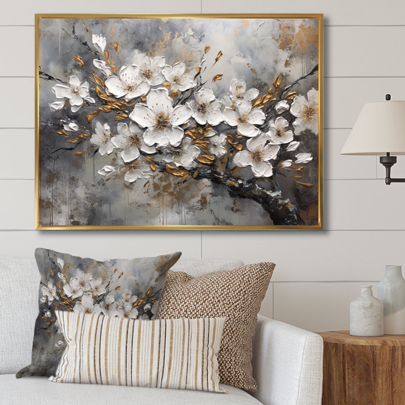Harmonie I de cerisier blanc et gris - art mural floral pour le salon, Cadre flottant doré, H 30 po x l 40 po x P 1,5 po