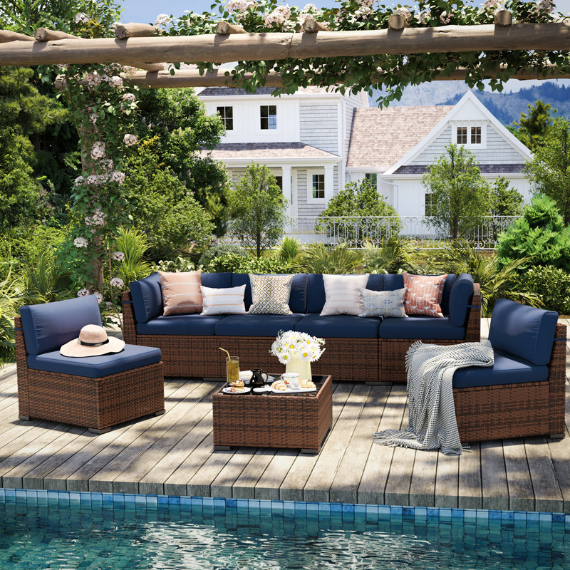 6 Person Rattan Sectional Seating Group With Cushions, Blue, No