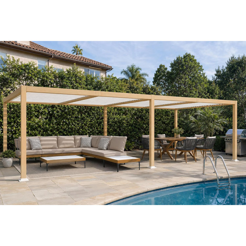Grande pergola à persiennes en aluminium à grain de bois en aluminium 11 po x 28 po avec toit ajustable et patio rétractable à toit rigide pour la terrasse