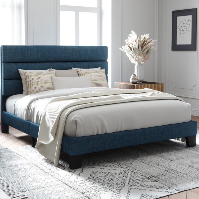 Structure de lit plateforme avec tête de lit tapissier en tissu et support en lattes de bois, Bleu, Double