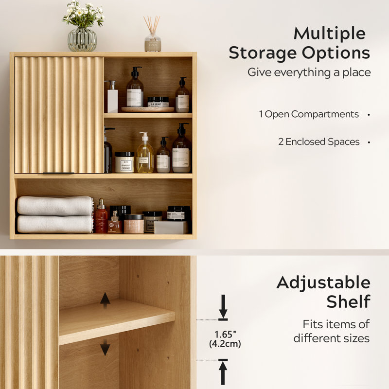 Fluted Wall Cabinet,Bathroom Storage With Adjustable Shelves, Oak
