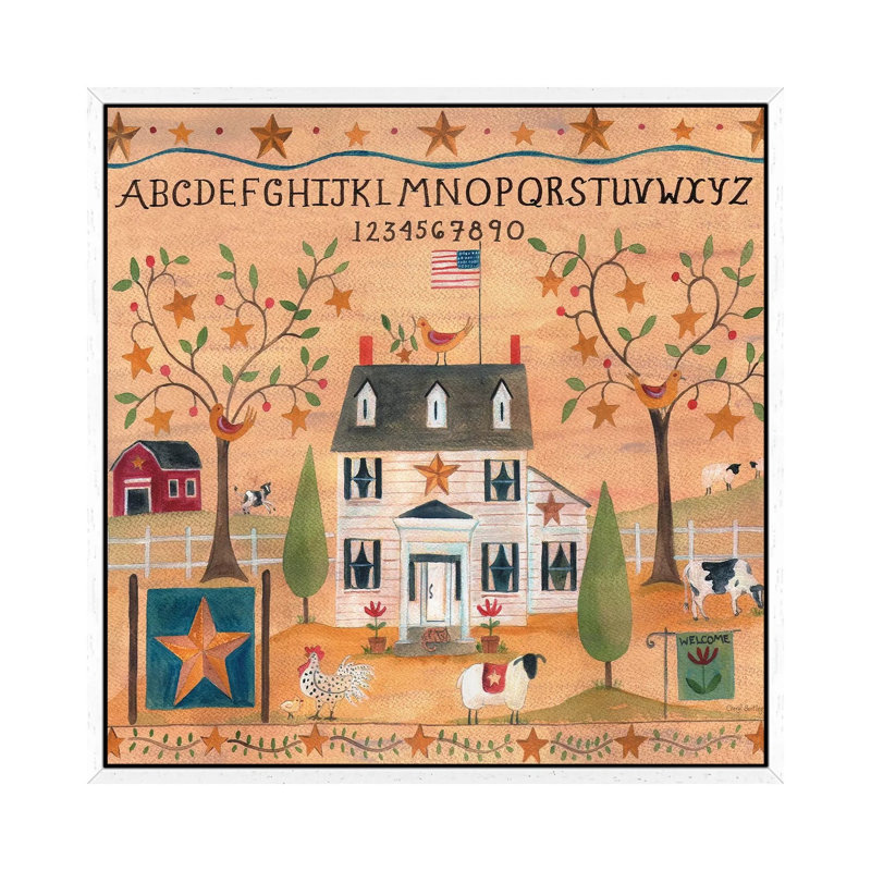 Star Bird Farm Sampler by Cheryl Bartley - Painting on Canvas, 66.04cm H x 66.04cm W x 3.81cm D, White Framed