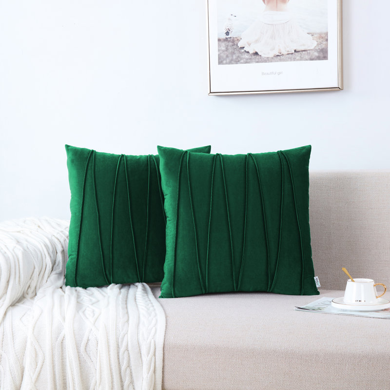 Pleated Square Polyester Velvet Pillow Cover, 20" W x 20" L, Emerald