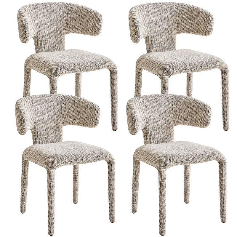 Modern Upholstered Dining Chairs, Curved Back Linen Fabric Side Chairs With Integrated Metal Legs, 4, Brown