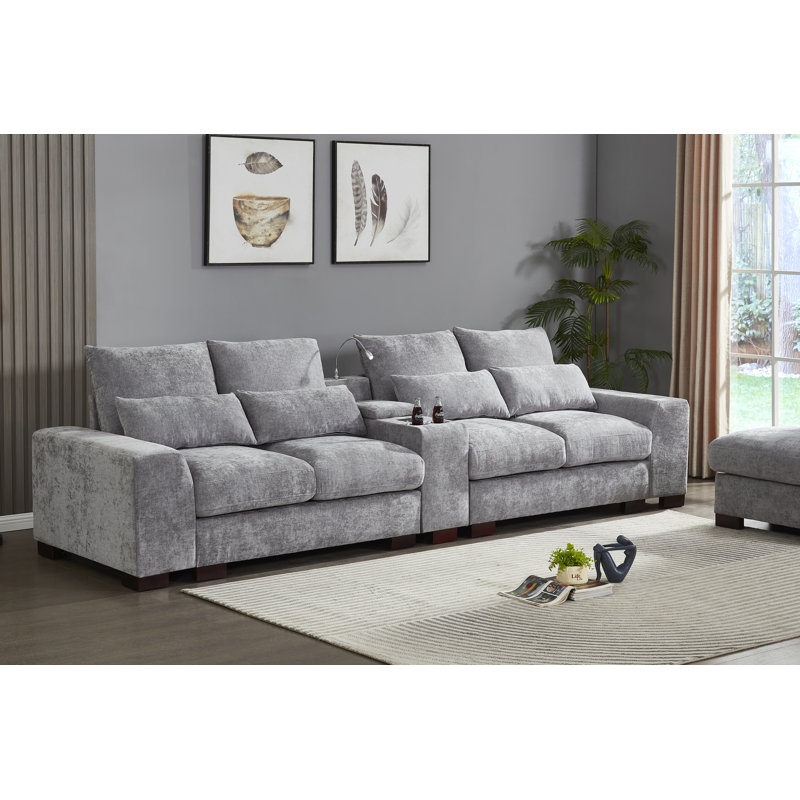 131.5” W Oversized 6-seater Composable Modular Sofa With Cupholder Console  With Usb Port And 2 Ottomans, Light Gray Chenille