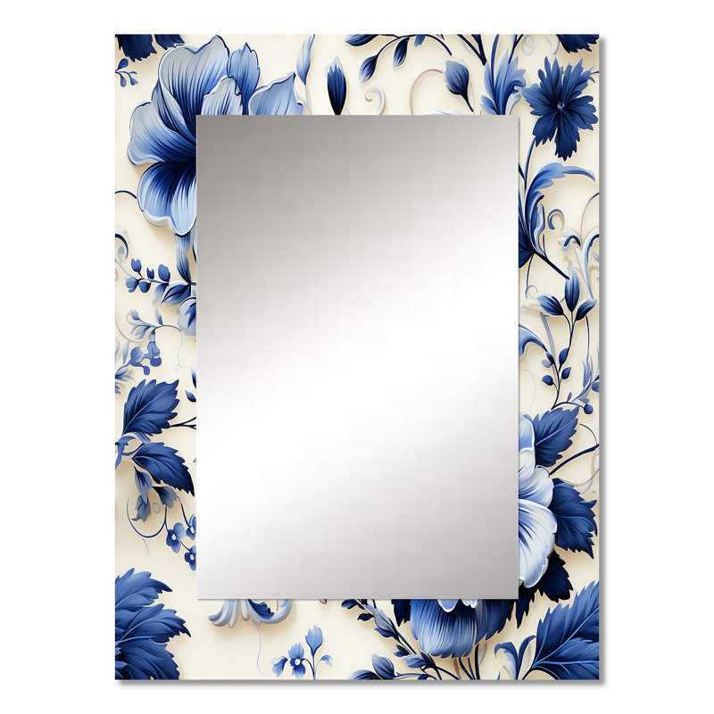 Motif ornemental frise bleu cobalt Kern - grand miroir mural floral, miroir décoratif floral, impression d'art en métal