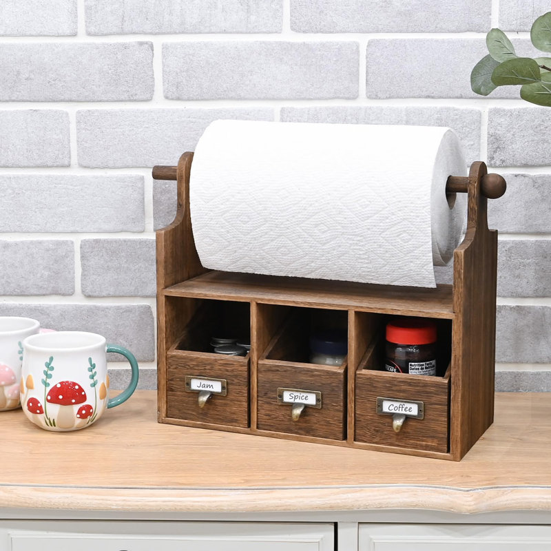 Rustic Wooden Kitchen Organizer, Multi-Purpose Countertop Caddy With Paper Towel Holder, Spice Shelf With 3 Drawers, Ideal For Jam, Coffee, Condiment