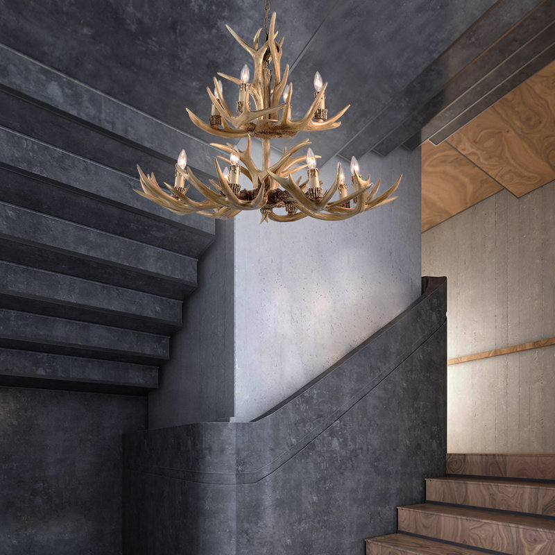 Lustre géométrique unique à 12 lumières avec accents de bois de cerf Oberry