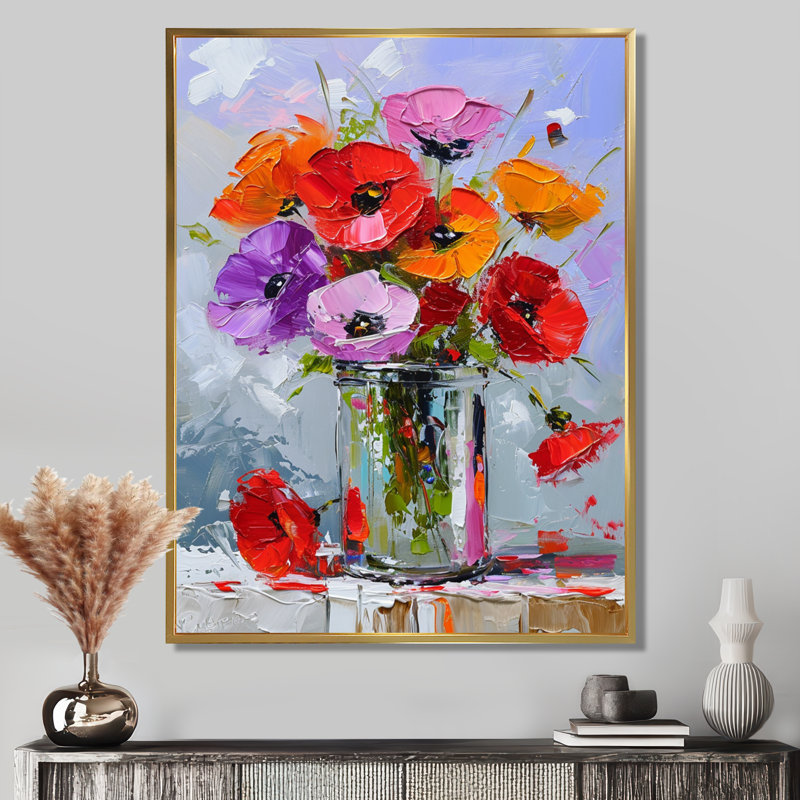 Bouquet de coquelicots colorés - reproduction d'art abstrait de natures mortes, Toile avec cadre flottant or