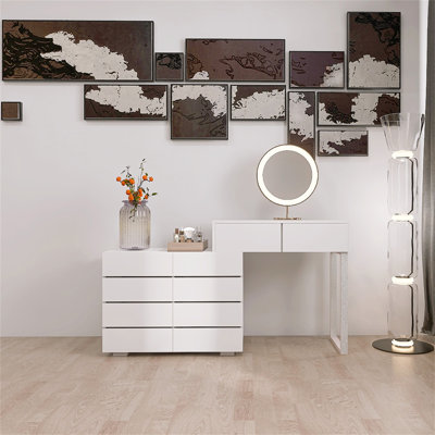 Extended Desktop 10 Drawers Chest Of Drawer Without Handle White Colour Vanity