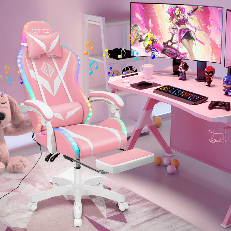 Pink and White Ergonomic Gaming Chair with Bluetooth Speakers and LED Lights