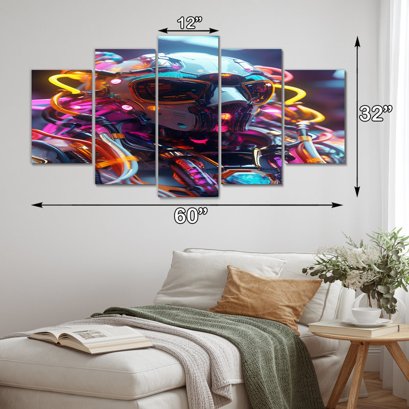 Sci-Fi Retro Futuristic Robot In Neon III - Robot Wall Art Living Room - 5 Panels