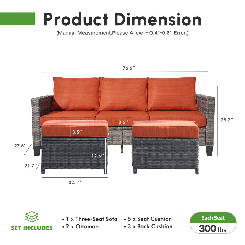 Allcot 3 - Person Wicker Rattan Outdoor Seating Group with Pillows, Cushions and Ottomans, All Weather High Back Conversation Set for Garden Backyard
