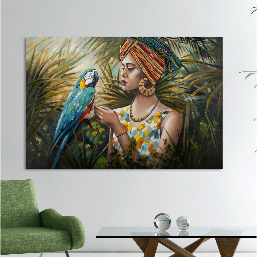 Woman in Jungle with Blue Colorful Parrot - Gemälde auf Leinwand