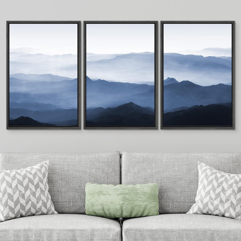 Abstrait paysage, reproduction d'art sur toile, ensemble d'art mural, vue aérienne, Misty Mountain, Cadre noir
