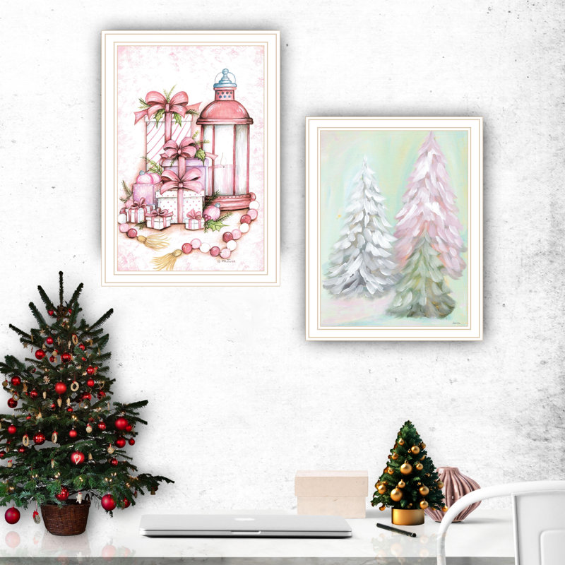 Donnez à votre maison une touche moderne avec la décoration murale: 2 arbres de Noël Pink Candy Land, cadre blanc, bois et papier, Made In Enrich Art