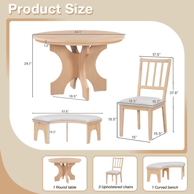 Ensemble de salle à manger rustique 5 pièces avec chaises rembourrées et banc incurvé Rustic Charm, Beige, Beige