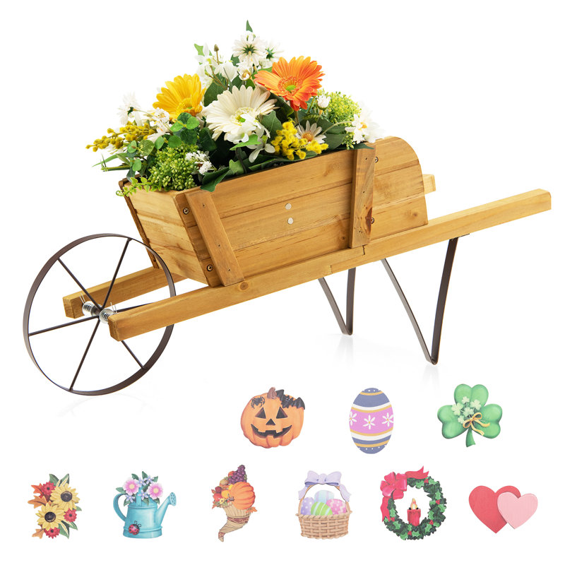 Pot à fleurs August Grove® Pot à fleurs brouette en bois de pin massif avec support en métal triangulaire et 2 poignées écoénergétiques Noyer mobile