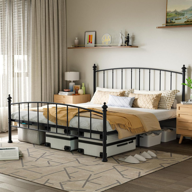 Queen Bed Frame With Headboard And Footboard Metal, Black, King