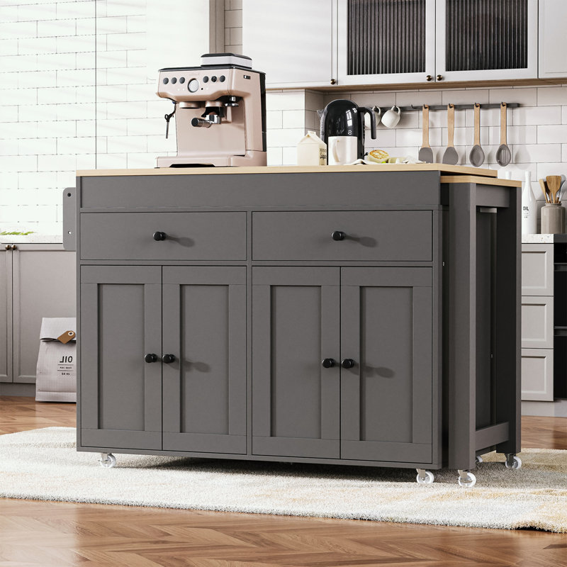 Îlot de cuisine avec table de salle à manger extensible, étagère à épices et 2 tiroirs, Gris