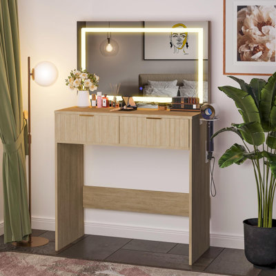 Fluted LED Lighted Vanity Desk with Full HD Mirror - 3 Color Modes, Power Station, Hair Dryer Holder, 2 Storage Drawers - Modern Light Wood Dressing Table for Bedroom
