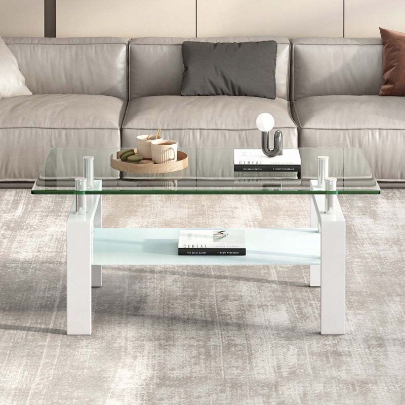 Table basse 2 couches en verre trempé transparent, Transparent, Blanc, H 17,32 po x L 39,37 po x P 23,62 po