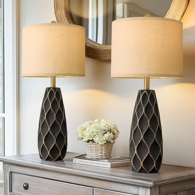 Ceramic Table Lamps Set Of 2 For Bedroom Living Room, Modern Farmhouse Vintage Rustic Boho Retro Style Nightstand Desk Lamp, Home Office Decor