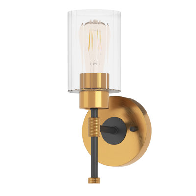 Luminaire de salle de bain en laiton doré de 12 po de hauteur Inlight, éclairage de salle de bain noir moderne, applique murale à abat-jour en verre nervuré transparent, ampoule non incluse, IN-0445-1-GD